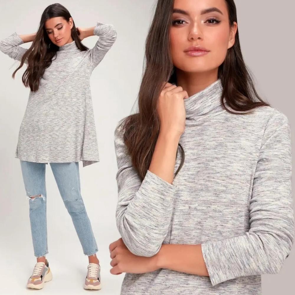 Free People Oversized Ribbed Spacedye Stonecold Ivory Split Back Tunic sz M - Picture 3 of 11